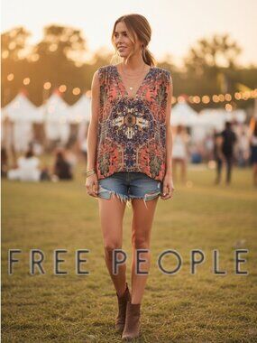 Free People Boho Print Sleeveless Blouse Small Flowy Tunic Top Festival